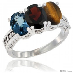 14K White Gold Natural London Blue Topaz, Garnet & Tiger Eye Ring 3-Stone 7x5 mm Oval Diamond Accent