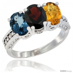 14K White Gold Natural London Blue Topaz, Garnet & Whisky Quartz Ring 3-Stone 7x5 mm Oval Diamond Accent