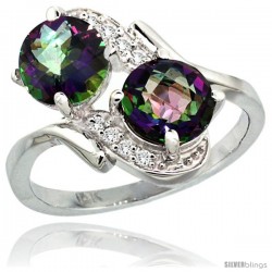 14k White Gold ( 7 mm ) Double Stone Engagement Mystic Topaz Ring w/ 0.05 Carat Brilliant Cut Diamonds & 2.34 Carats Round