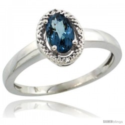 14k White Gold Diamond Halo London Blue Topaz Ring 0.75 Carat Oval Shape 6X4 mm, 3/8 in (9mm) wide