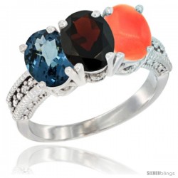 14K White Gold Natural London Blue Topaz, Garnet & Coral Ring 3-Stone 7x5 mm Oval Diamond Accent