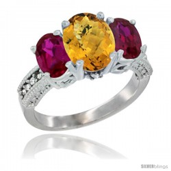 14K White Gold Ladies 3-Stone Oval Natural Whisky Quartz Ring with Ruby Sides Diamond Accent