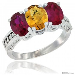 14K White Gold Natural Whisky Quartz & Ruby Sides Ring 3-Stone 7x5 mm Oval Diamond Accent