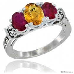 14K White Gold Natural Whisky Quartz & Ruby Ring 3-Stone Oval with Diamond Accent