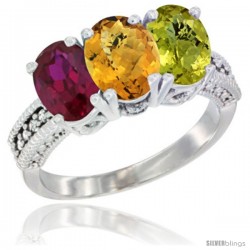 14K White Gold Natural Ruby, Whisky Quartz & Lemon Quartz Ring 3-Stone 7x5 mm Oval Diamond Accent