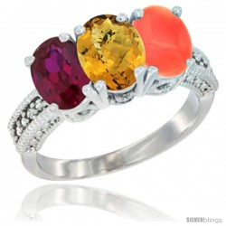 14K White Gold Natural Ruby, Whisky Quartz & Coral Ring 3-Stone 7x5 mm Oval Diamond Accent