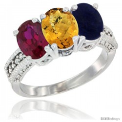 14K White Gold Natural Ruby, Whisky Quartz & Lapis Ring 3-Stone 7x5 mm Oval Diamond Accent