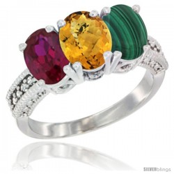 14K White Gold Natural Ruby, Whisky Quartz & Malachite Ring 3-Stone 7x5 mm Oval Diamond Accent