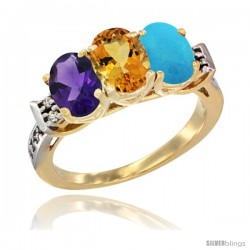 10K Yellow Gold Natural Amethyst, Citrine & Turquoise Ring 3-Stone Oval 7x5 mm Diamond Accent