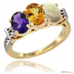 10K Yellow Gold Natural Amethyst, Citrine & Opal Ring 3-Stone Oval 7x5 mm Diamond Accent