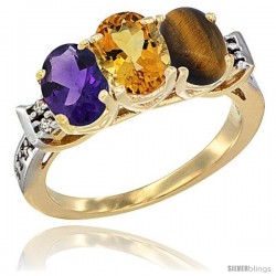 10K Yellow Gold Natural Amethyst, Citrine & Tiger Eye Ring 3-Stone Oval 7x5 mm Diamond Accent