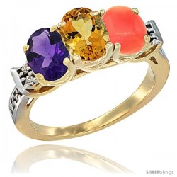 10K Yellow Gold Natural Amethyst, Citrine & Coral Ring 3-Stone Oval 7x5 mm Diamond Accent