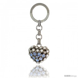 Puffed Heart Key Chain, Key Ring, Key Holder, Key Tag, Key Fob, w/ Beads & Brilliant Cut Blue Topaz-color Swarovski Crystals