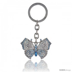 Large Butterfly Key Chain, Key Ring, Key Holder, Key Tag, Key Fob, w/ Clear & Blue Topaz-color Swarovski Crystals, 3-1/2" tall