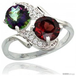 14k White Gold ( 7 mm ) Double Stone Engagement Mystic Topaz & Garnet Ring w/ 0.05 Carat Brilliant Cut Diamonds & 2.34 Carats