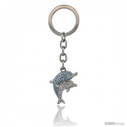 Double Dolphin Key Chain, Key Ring, Key Holder, Key Tag, Key Fob, w/ Clear & Blue Topaz-color Swarovski Crystals, 3-3/4" tall