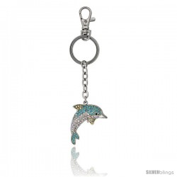 Bottlenose Dolphin Key Chain, Key Ring, Key Holder, Key Tag, Key Fob, w/ Clear & Blue Topaz-Color Swarovski Crystals, 4" tall