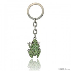 Jeweled Frog Key Chain, Key Ring, Key Holder, Key Tag, Key Fob, w/ Green Peridot-Colored Swarovski Crystals, 3-1/2" tall
