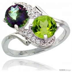 14k White Gold ( 7 mm ) Double Stone Engagement Mystic Topaz & Peridot Ring w/ 0.05 Carat Brilliant Cut Diamonds & 2.34 Carats