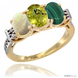 10K Yellow Gold Natural Opal, Lemon Quartz & Malachite Ring 3-Stone Oval 7x5 mm Diamond Accent