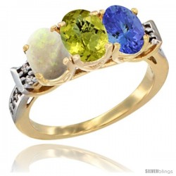 10K Yellow Gold Natural Opal, Lemon Quartz & Tanzanite Ring 3-Stone Oval 7x5 mm Diamond Accent