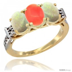 10K Yellow Gold Natural Coral & Opal Sides Ring 3-Stone Oval 7x5 mm Diamond Accent