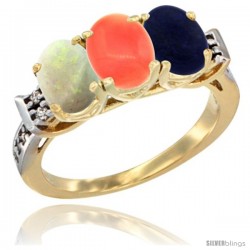 10K Yellow Gold Natural Opal, Coral & Lapis Ring 3-Stone Oval 7x5 mm Diamond Accent