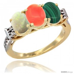 10K Yellow Gold Natural Opal, Coral & Malachite Ring 3-Stone Oval 7x5 mm Diamond Accent