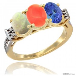 10K Yellow Gold Natural Opal, Coral & Tanzanite Ring 3-Stone Oval 7x5 mm Diamond Accent