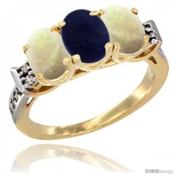 10K Yellow Gold Natural Lapis & Opal Sides Ring 3-Stone Oval 7x5 mm Diamond Accent