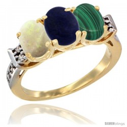 10K Yellow Gold Natural Opal, Lapis & Malachite Ring 3-Stone Oval 7x5 mm Diamond Accent