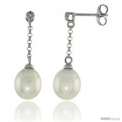 10k White Gold Dangle Pearl Earrings, w/ 0.02 Carat Brilliant Cut Diamonds, 1 1/8 in. (28mm) tall