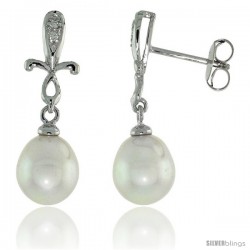 10k White Gold Cross & Pearl Earrings, w/ 0.02 Carat Brilliant Cut Diamonds, 1 in. (25mm) tall