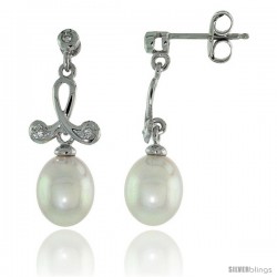 10k White Gold Loop & Pearl Earrings, w/ 0.05 Carat Brilliant Cut Diamonds, 1 in. (25mm) tall