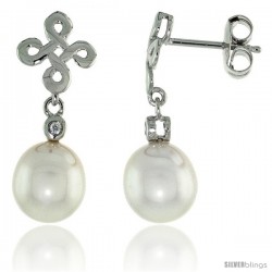 10k White Gold Infinity Cross Pearl Earrings, w/ 0.03 Carat Brilliant Cut Diamonds, 7/8 in. (22mm) tall