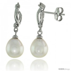 10k White Gold Swirl & Pearl Earrings, w/ 0.03 Carat Brilliant Cut Diamonds, 1 in. (26mm) tall