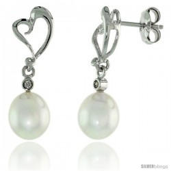 10k White Gold Heart Cut Out & Pearl Earrings, w/ Brilliant Cut Diamonds, 1 in. (25mm) tall