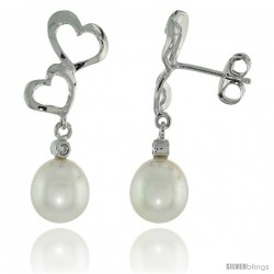 10k White Gold Double Heart Cut Out & Pearl Earrings, w/ Brilliant Cut Diamonds, 1 1/16 in. (27mm) tall