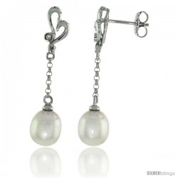 10k White Gold Heart Cut Out & Pearl Earrings, w/ 0.03 Carat Brilliant Cut Diamonds, 1 3/8 in. (35mm) tall