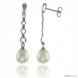 10k White Gold Graduated Circle Cut Outs & Pearl Earrings, w/ 0.04 Carat Brilliant Cut Diamonds, 1 9/16 in. (40mm) tall