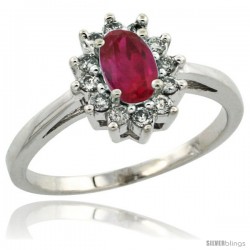 10k White Gold ( 6x4 mm ) Halo Engagement Created Ruby Ring w/ 0.212 Carat Brilliant Cut Diamonds & 0.45 Carat Oval Cut Stone