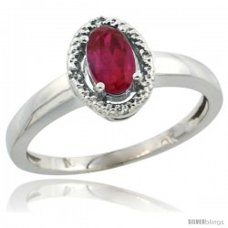 10k White Gold ( 6x4 mm ) Halo Engagement Created Ruby Ring w/ 0.007 Carat Brilliant Cut Diamonds & 0.55 Carat Oval Cut Stone