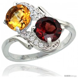 14k White Gold ( 7 mm ) Double Stone Engagement Citrine & Garnet Ring w/ 0.05 Carat Brilliant Cut Diamonds & 2.34 Carats Round