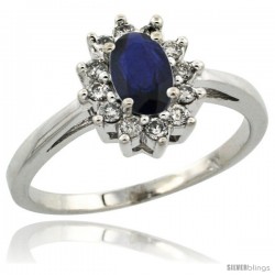 10k White Gold ( 6x4 mm ) Halo Engagement Created Blue Sapphire Ring w/ 0.212 Carat Brilliant Cut Diamonds & 0.45 Carat Oval