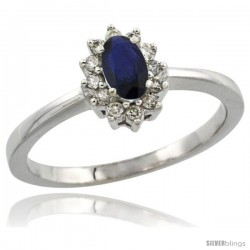10k White Gold ( 5x3 mm ) Halo Engagement Created Blue Sapphire Ring w/ 0.12 Carat Brilliant Cut Diamonds & 0.20 Carat Oval Cut