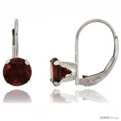 10k White Gold Natural Garnet Leverback Earrings 6mm Brilliant Cut January Birthstone, 9/16 in tall