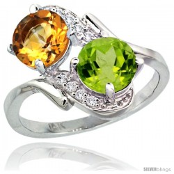 14k White Gold ( 7 mm ) Double Stone Engagement Citrine & Peridot Ring w/ 0.05 Carat Brilliant Cut Diamonds & 2.34 Carats Round