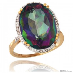 14k Yellow Gold Diamond Halo Large Mystic Topaz Ring 10.3 ct Oval Stone 18x13 mm, 3/4 in wide