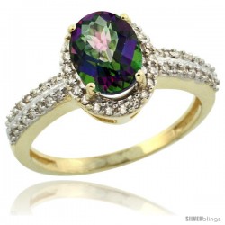 14k Yellow Gold Diamond Halo Mystic Topaz Ring 1.2 ct Oval Stone 8x6 mm, 3/8 in wide