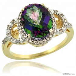 14k Yellow Gold Diamond Halo Mystic Topaz Ring 2.4 ct Oval Stone 10x8 mm, 1/2 in wide